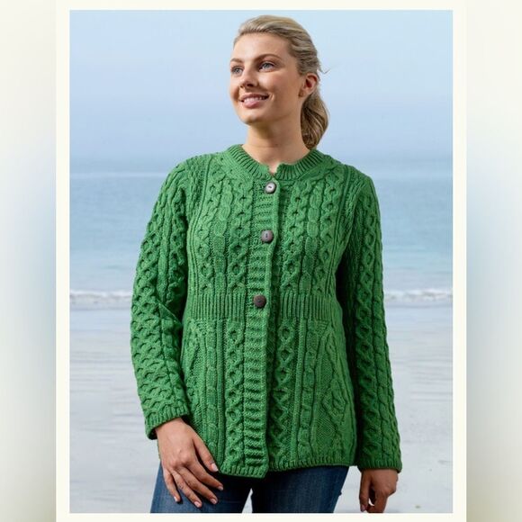 carraig donn Sweaters - Carraig Donn Irish Merino Wool Green Knit cardigan shirt size XL Extra Large